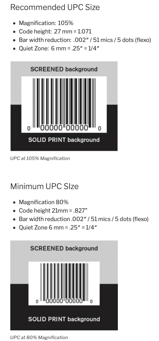 Recommended and Minimum UPC Size